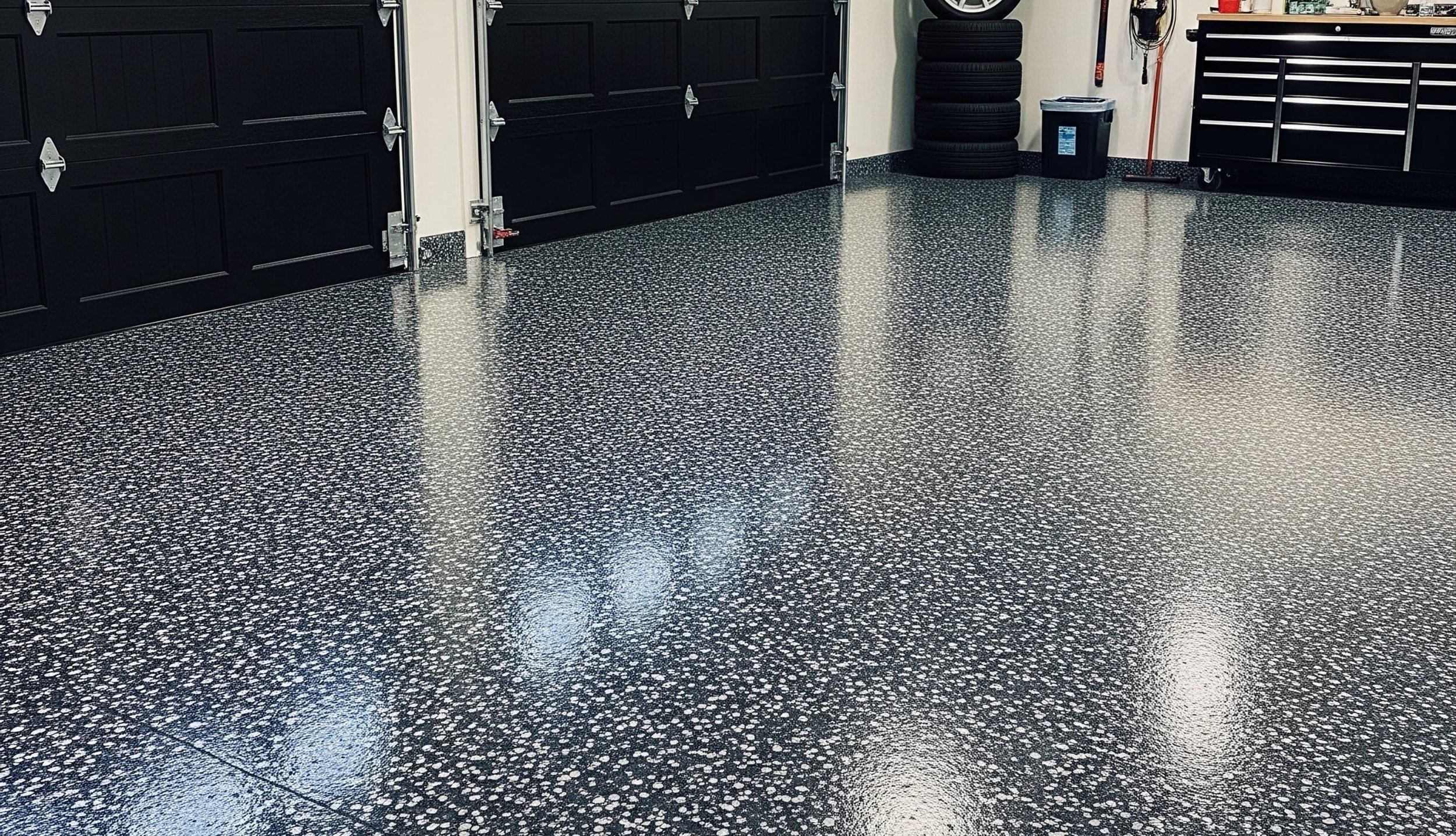 Beautifully renovated domestic garage floor with a premium grey flake resin finish