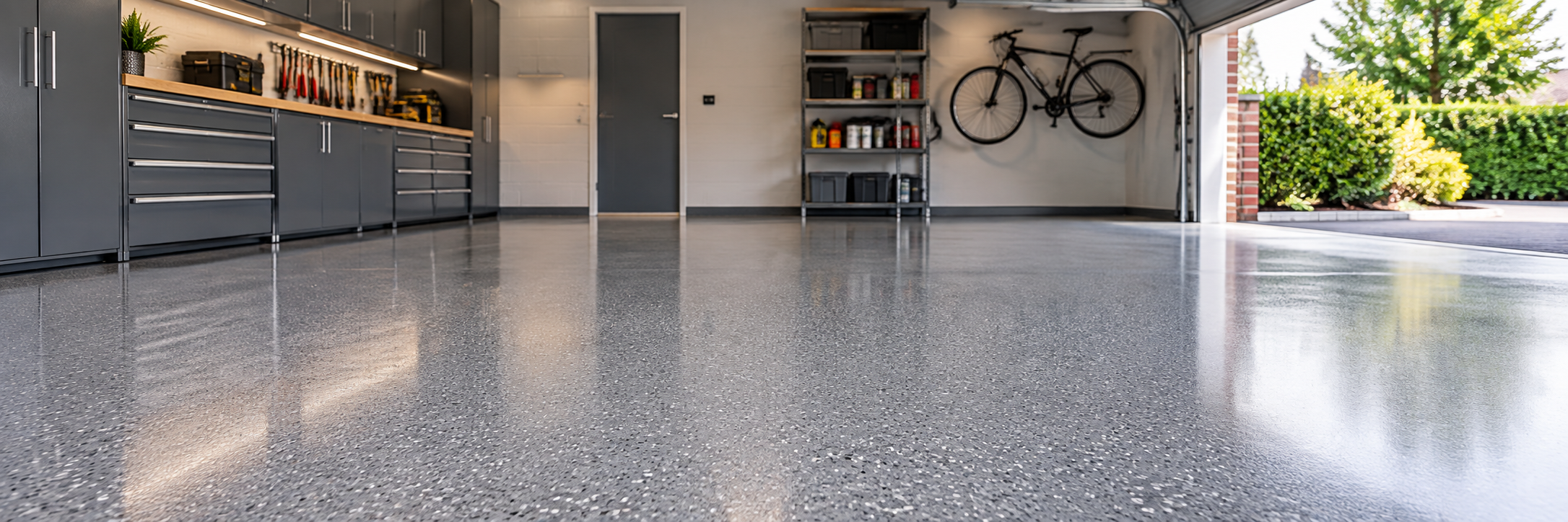 Premium finished garage floor with a deep gloss charcoal coating