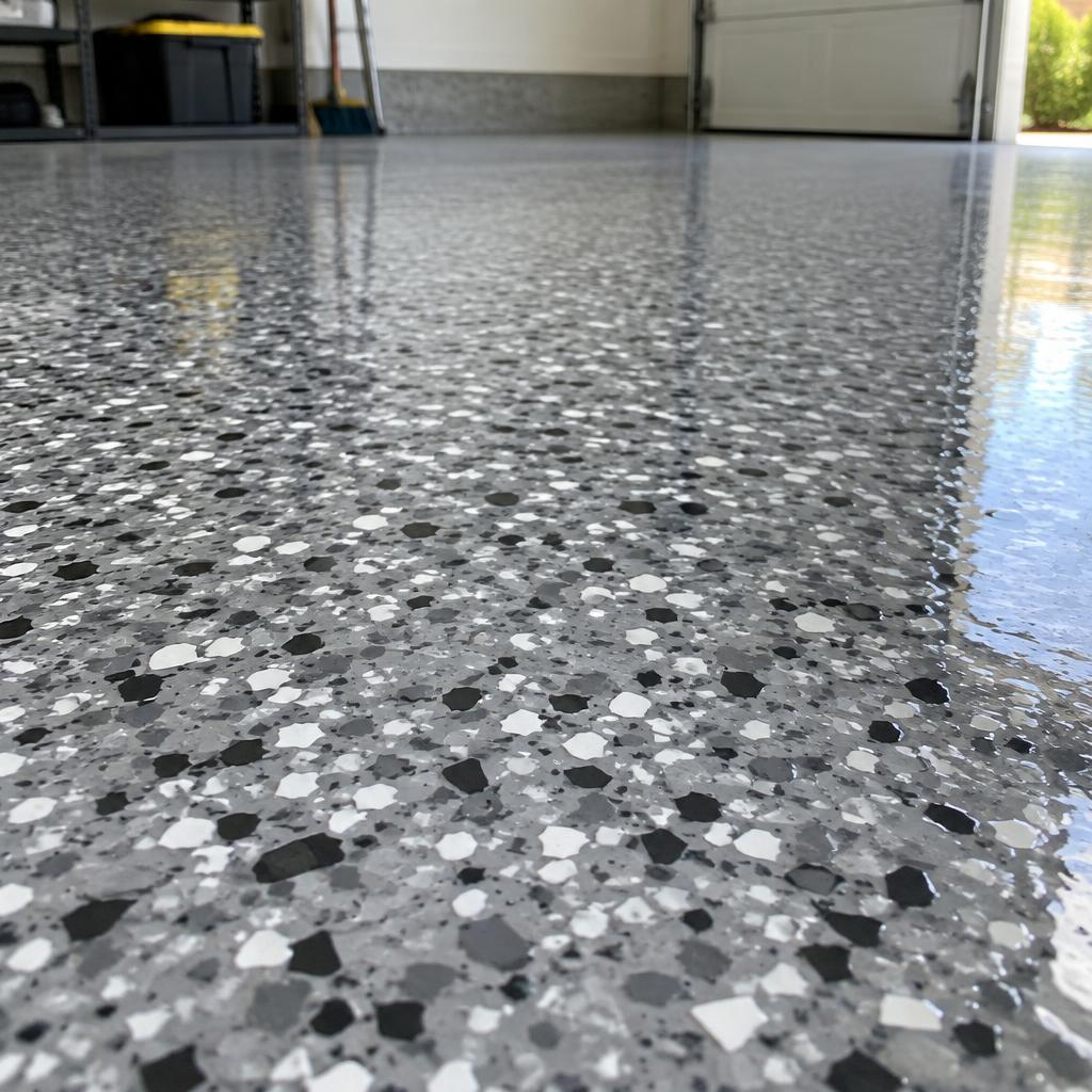 Close up of a grey and charcoal decorative flake garage floor finish