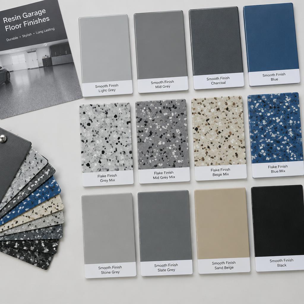 Range of garage floor colour and finish sample boards