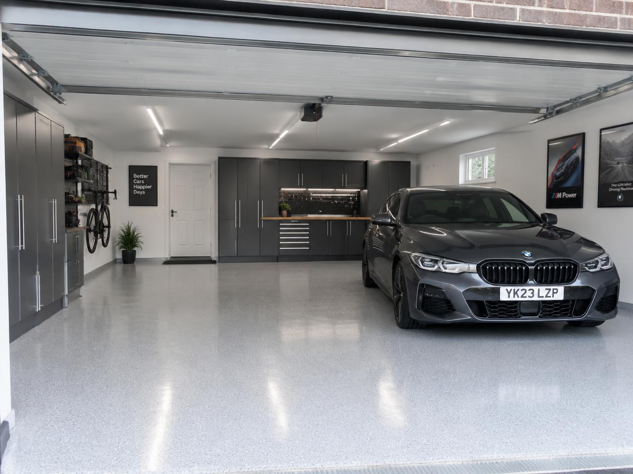 Renovated double garage with light grey flake floor