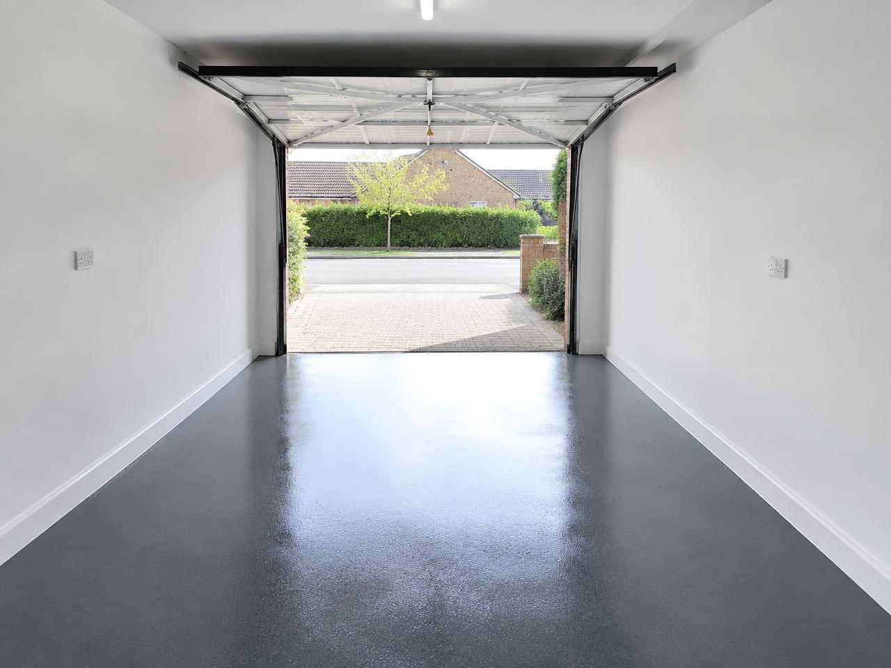 Renovated single garage with smooth charcoal grey resin floor